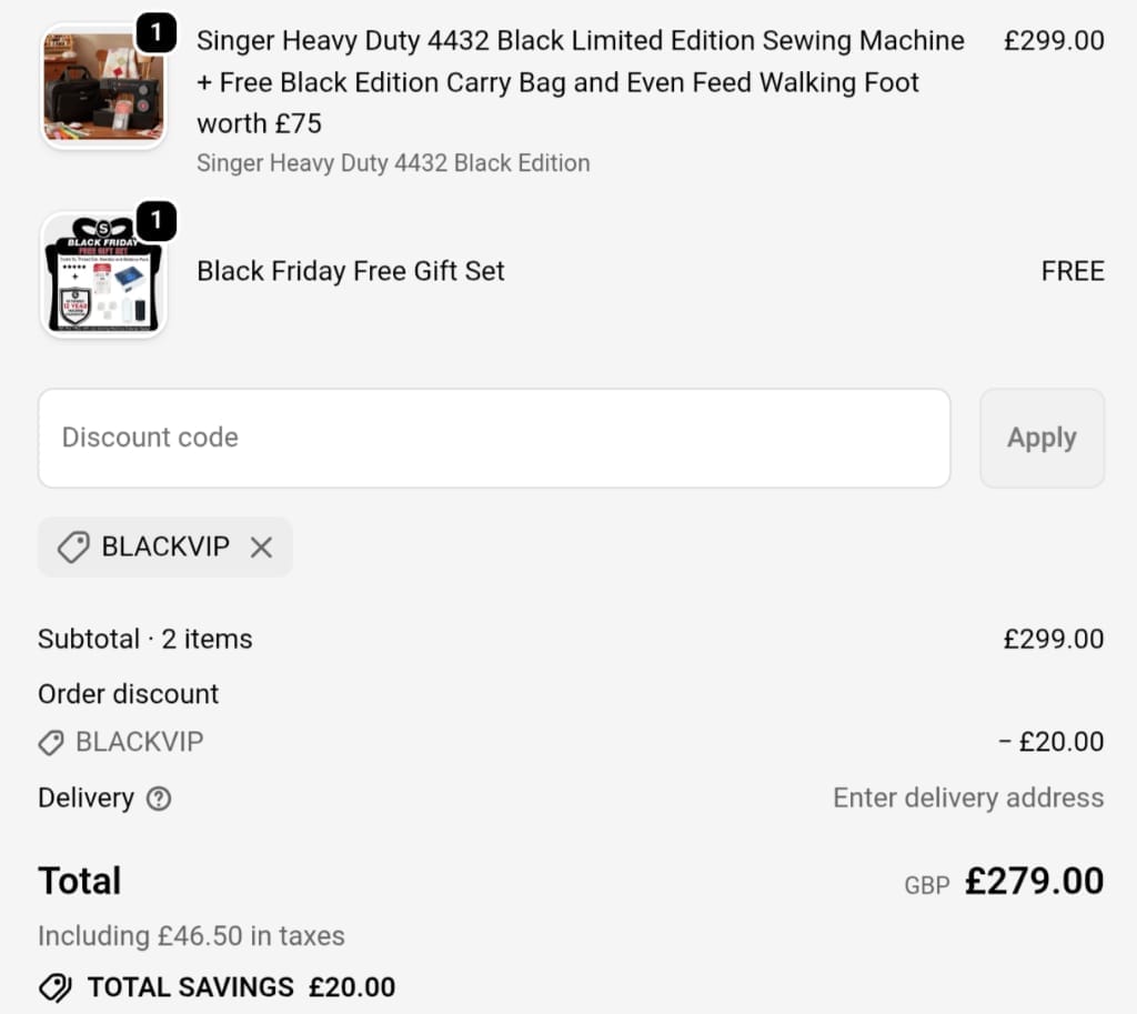 Screenshot of the Singer Sewing Outlet discount code working