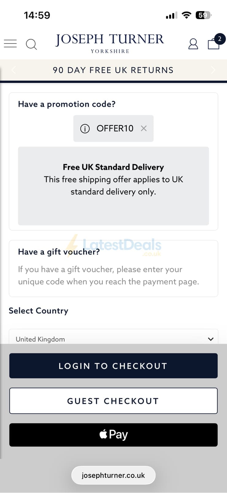 Screenshot of the Joseph Turner discount code working