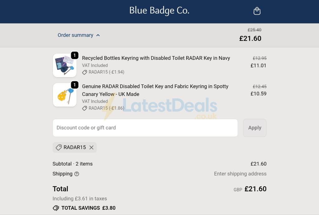 Screenshot of the Blue Badge Co discount code working