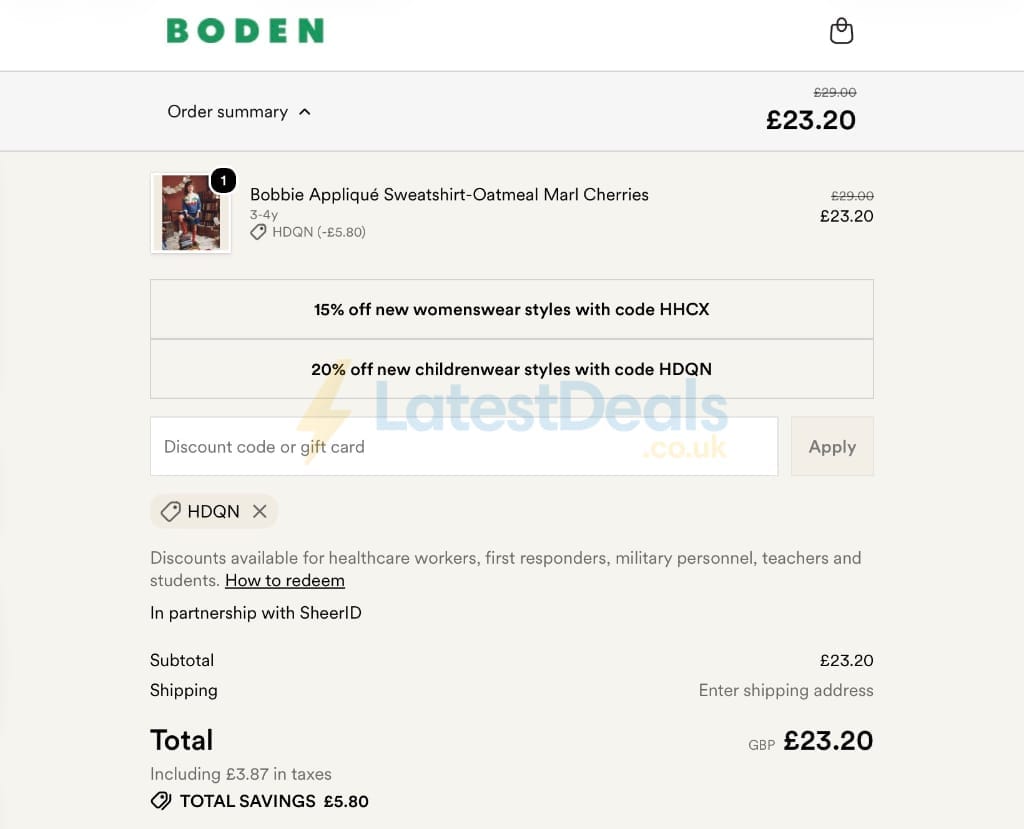 Screenshot of the BODEN discount code working
