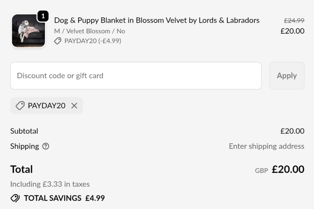 Screenshot of the Lords & Labradors discount code working