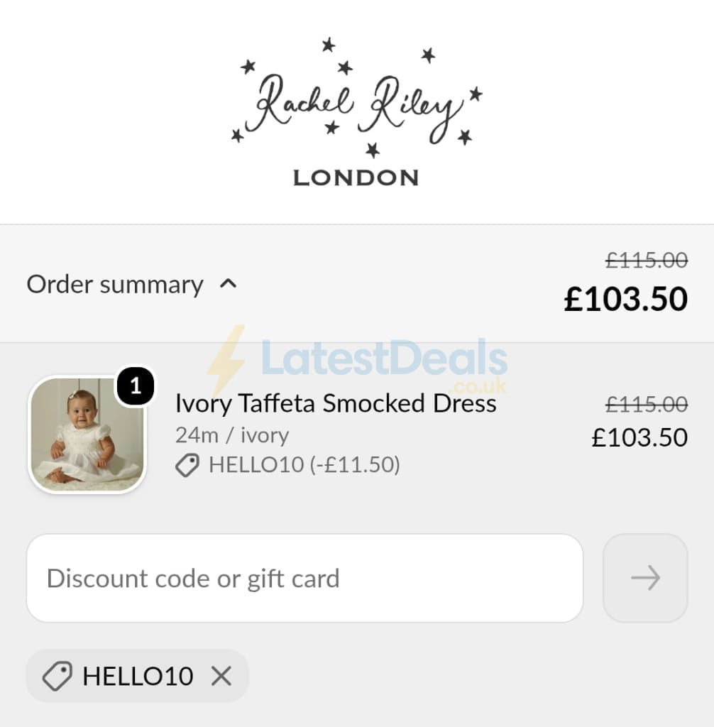 Screenshot of the Rachel Riley discount code working