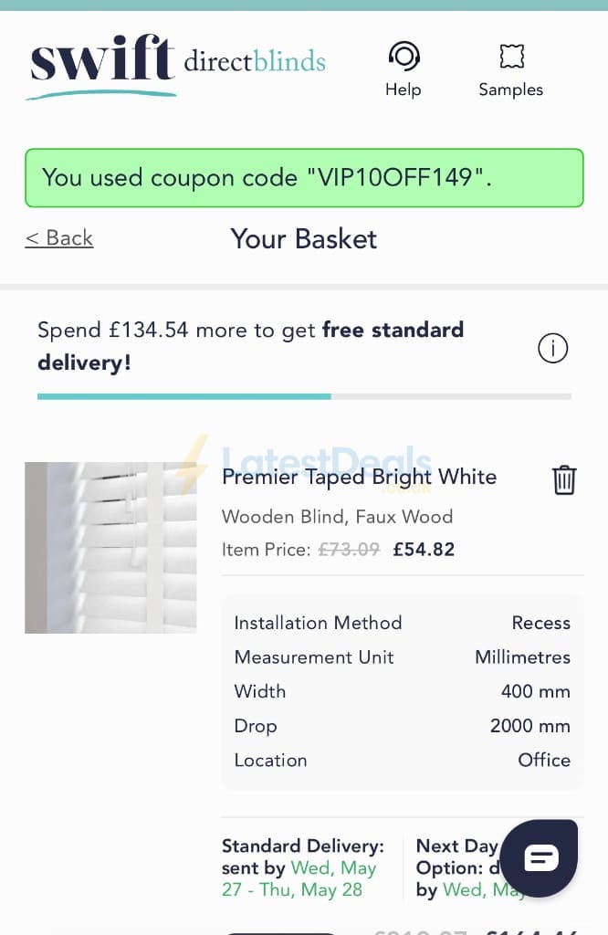 Screenshot of the Swift Direct Blinds discount code working