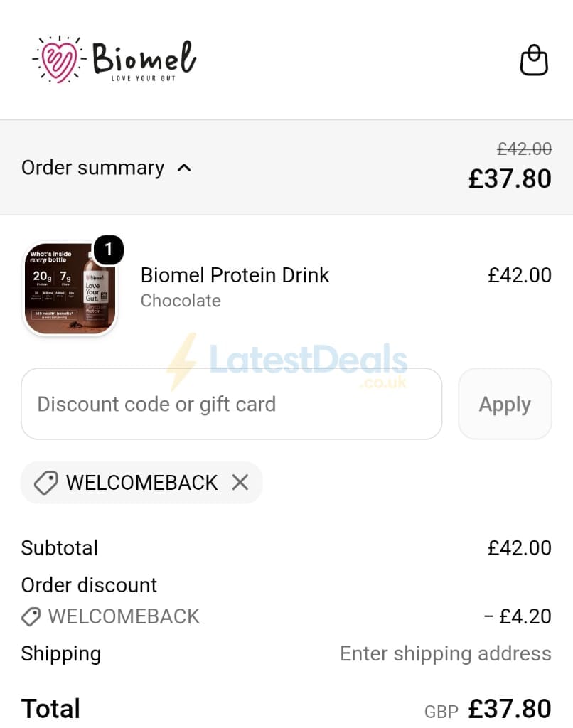 Screenshot of the Biomel discount code working