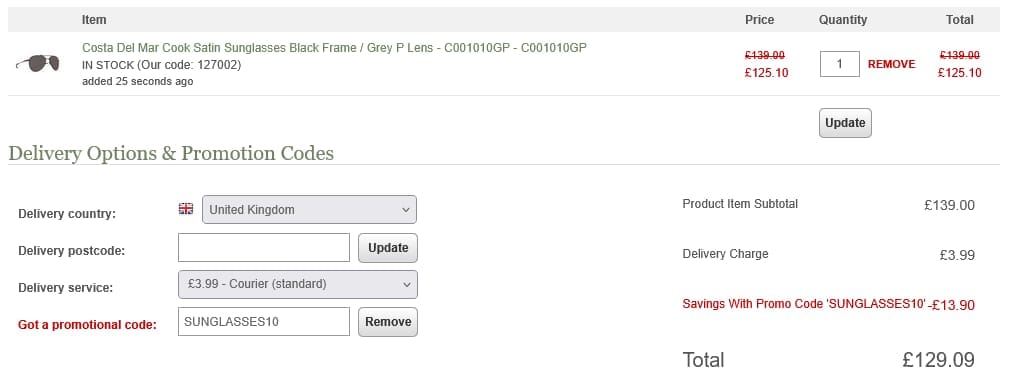 Screenshot of the Uttings discount code working