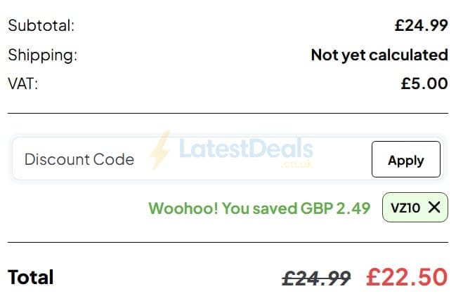 Screenshot of the Vapouriz Electronic Cigarettes discount code working