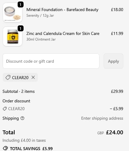 Screenshot of the Lyonsleaf discount code working