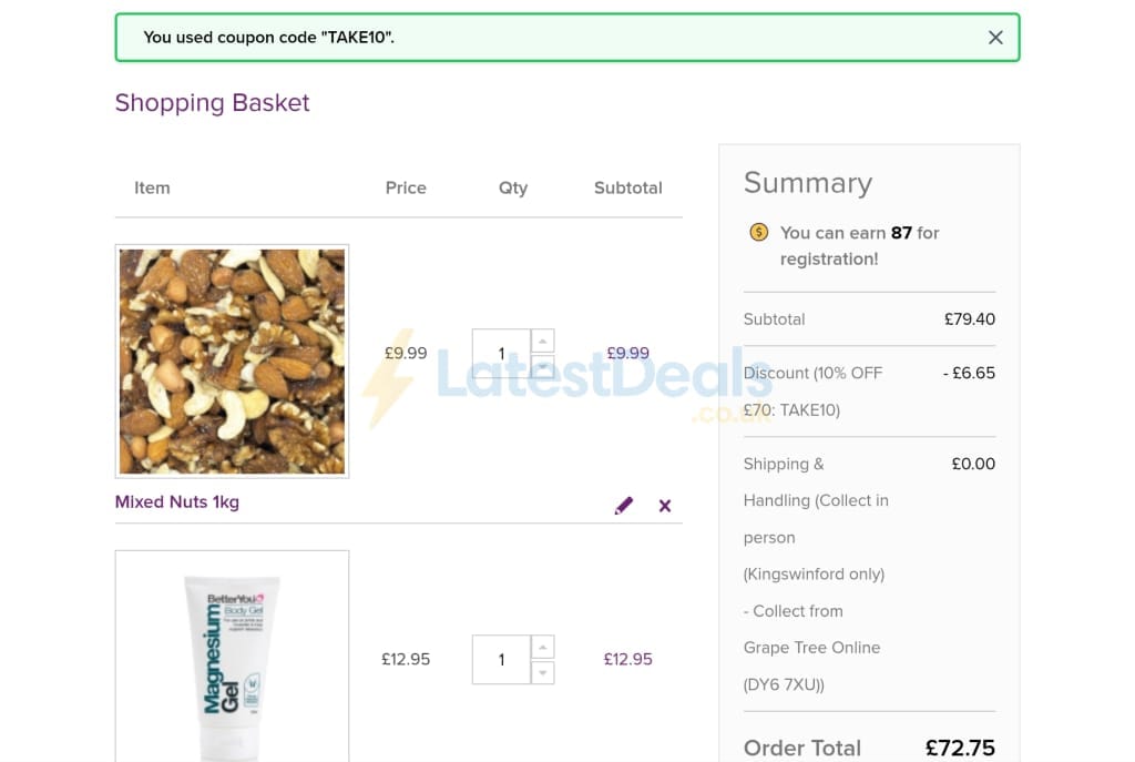 Screenshot of the Grape Tree discount code working