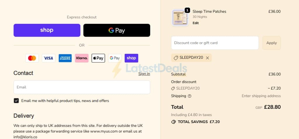 Screenshot of the Kloris discount code working