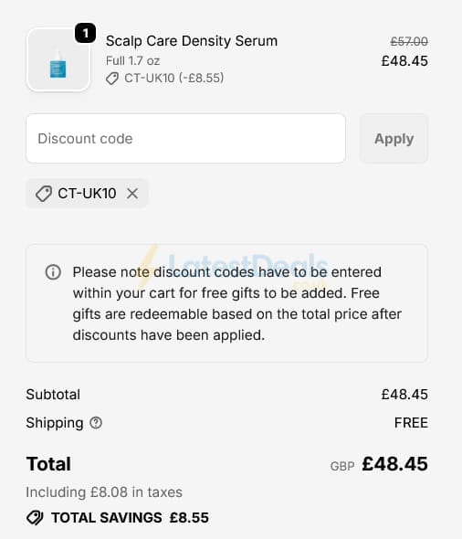 Screenshot of the Living Proof discount code working