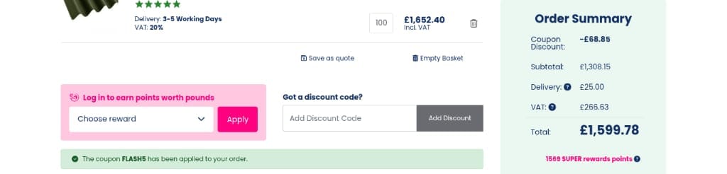 Screenshot of the Roofing Superstore discount code working