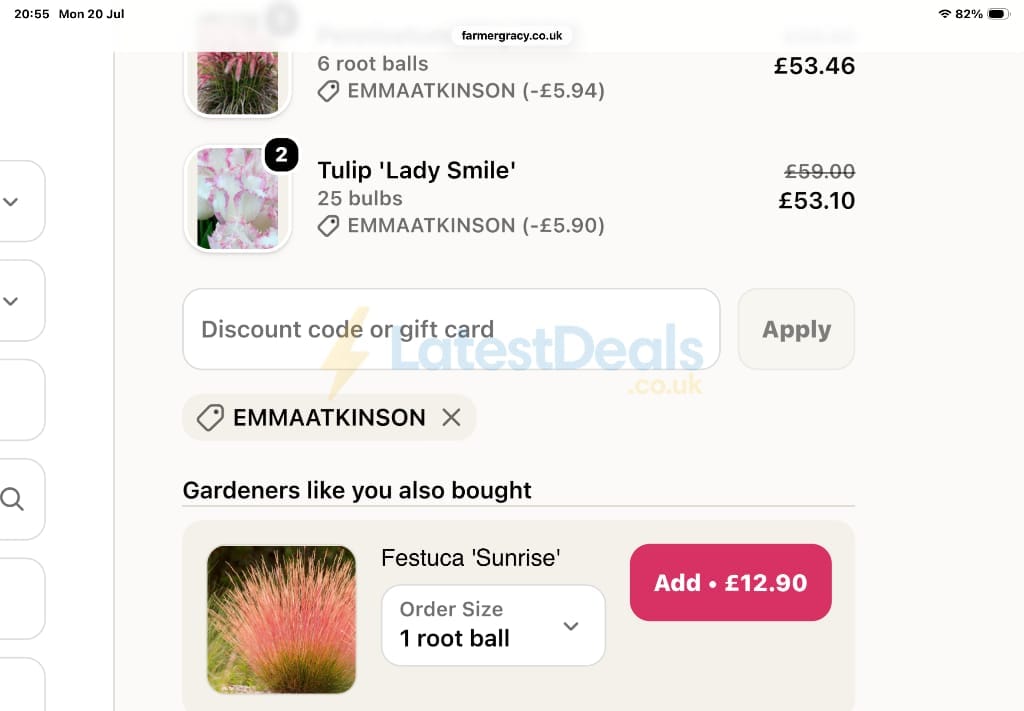 Screenshot of the Farmer Gracy discount code working