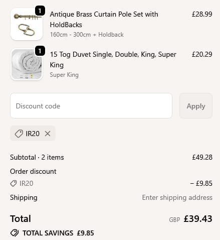 Screenshot of the Imperial Rooms discount code working