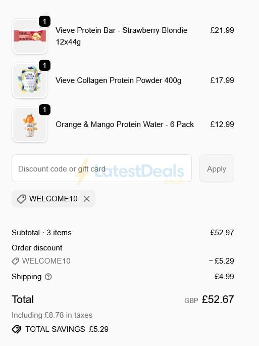 Screenshot of the Vieve discount code working