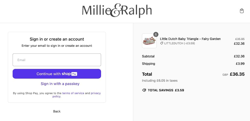 Screenshot of the Millie & Ralph discount code working