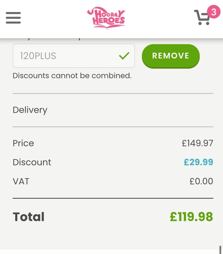 Screenshot of the Hooray Heroes discount code working