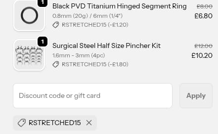 Screenshot of the Stretch It Body Jewellery discount code working