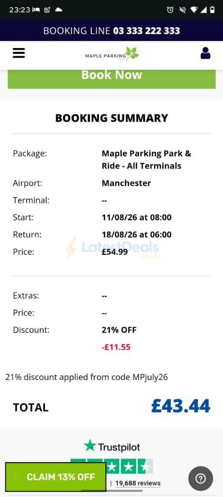Screenshot of the Maple Parking discount code working