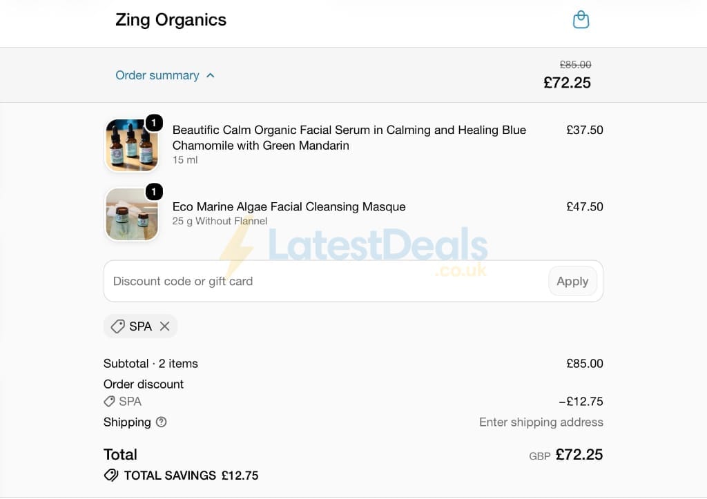 Screenshot of the Zing Organics discount code working