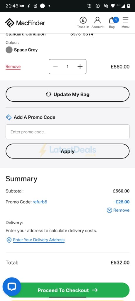 Screenshot of the MacFinder discount code working