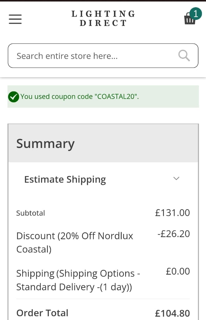 Screenshot of the Lighting Direct discount code working