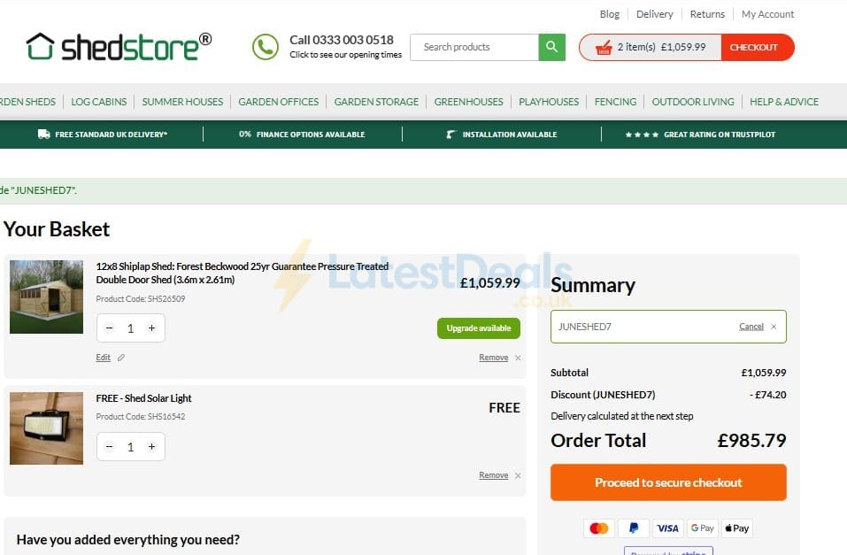 Screenshot of the Shedstore discount code working