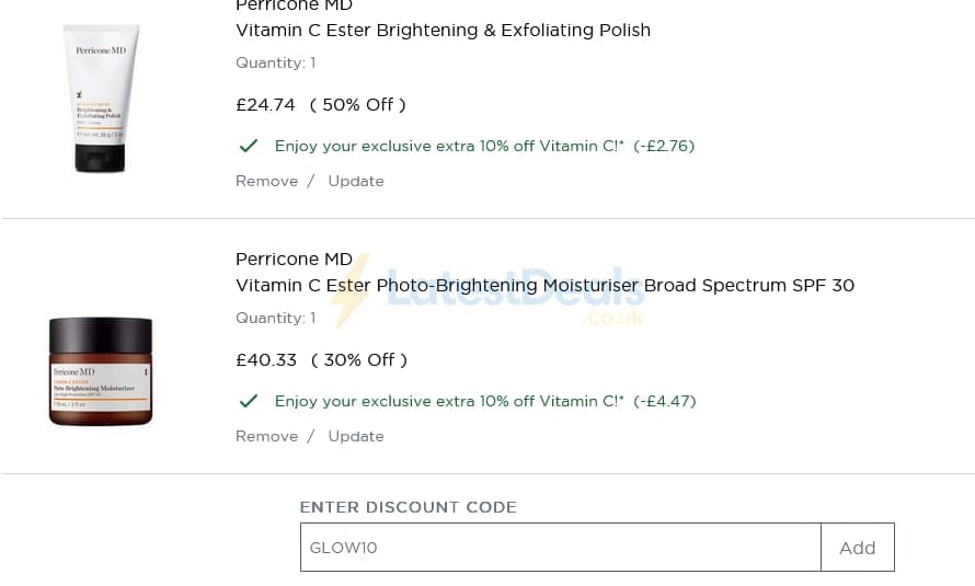 Screenshot of the Perricone MD discount code working