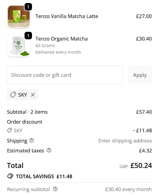 Screenshot of the Tenzo Tea discount code working