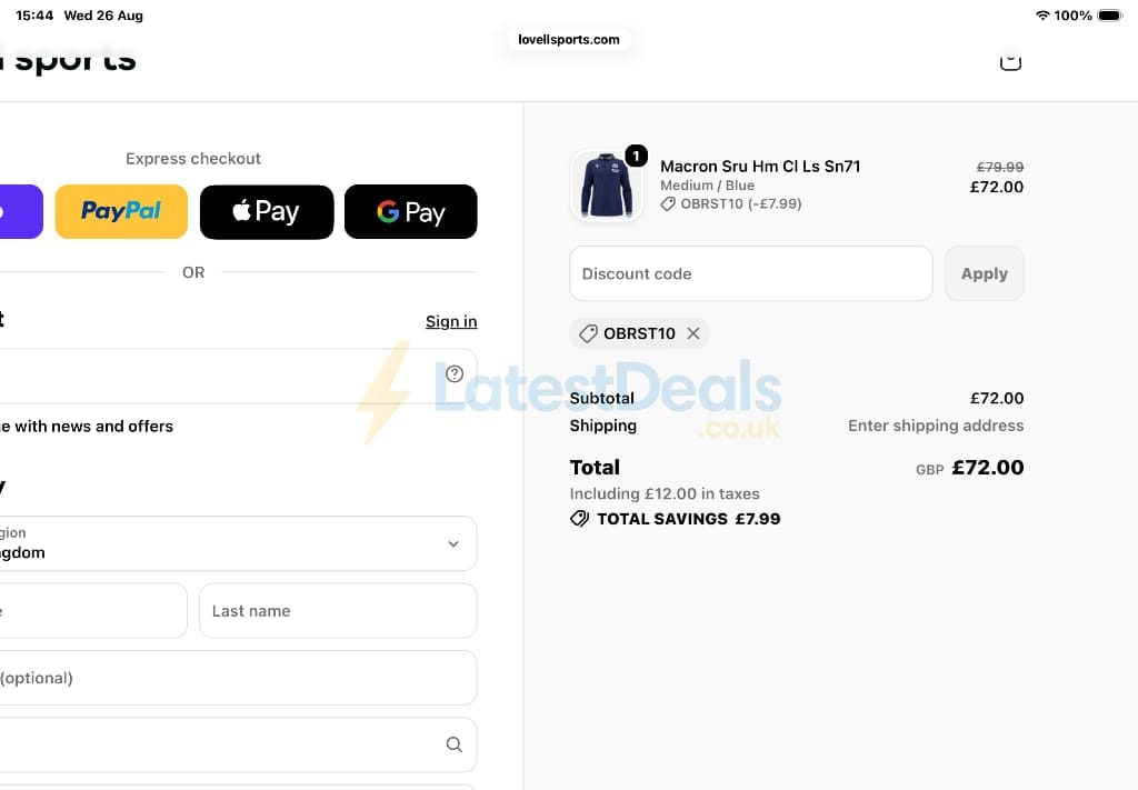 Screenshot of the Lovell Rugby discount code working