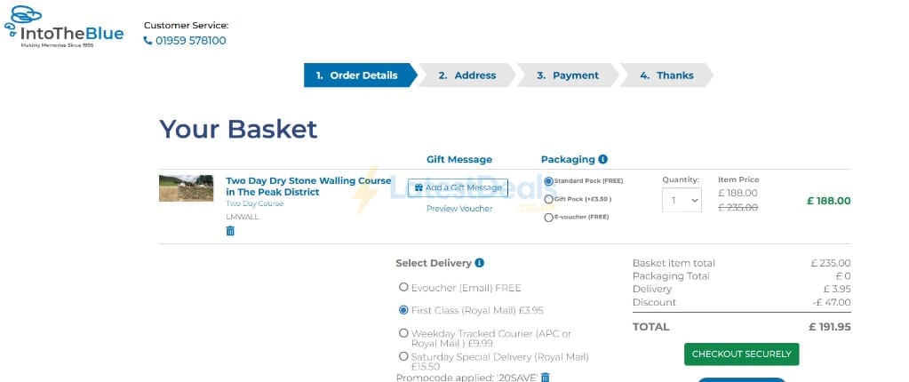 Screenshot of the Into The Blue discount code working
