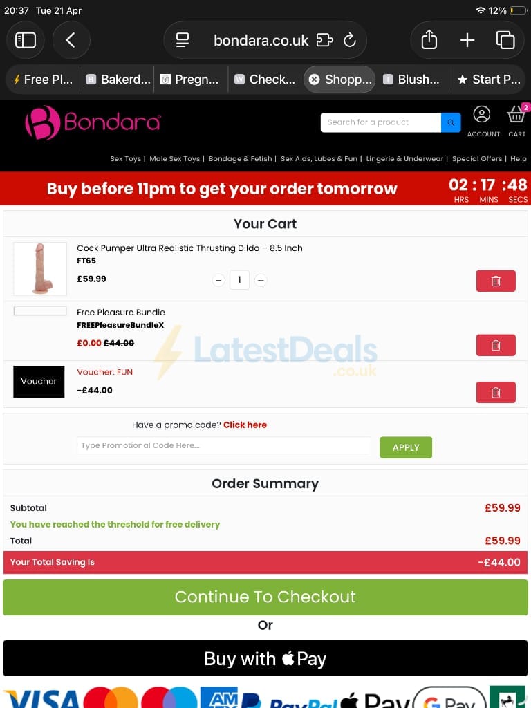 Screenshot of the Bondara discount code working