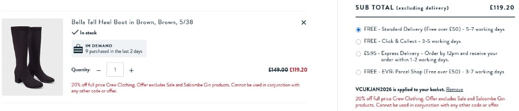 Screenshot of the Crew Clothing discount code working