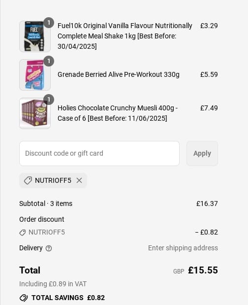 Screenshot of the Nutricircle discount code working