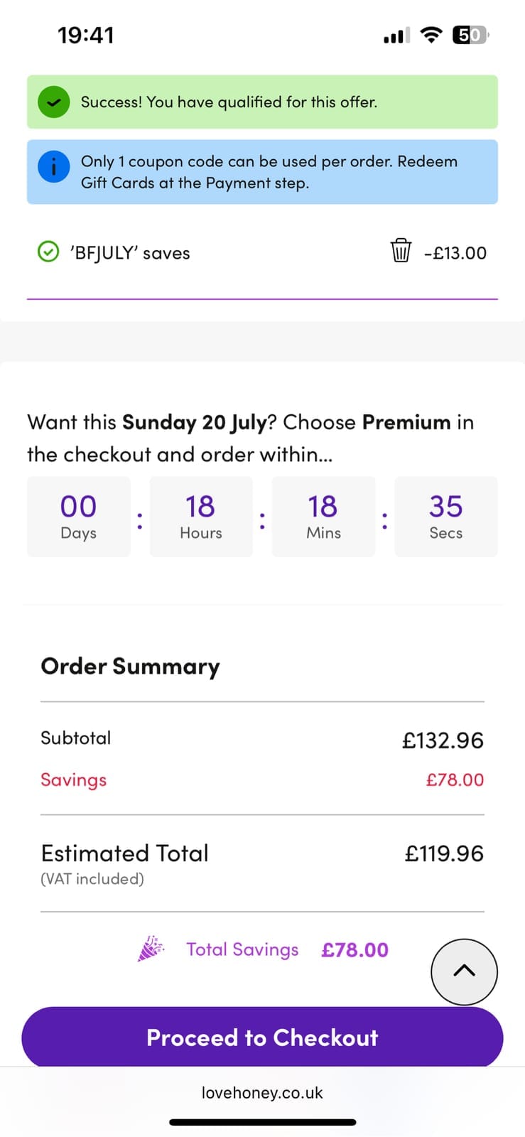 Screenshot of the Lovehoney discount code working