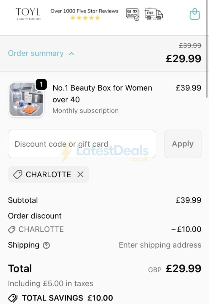 Screenshot of the Toyl discount code working