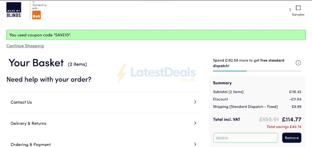Screenshot of the Make My Blinds discount code working