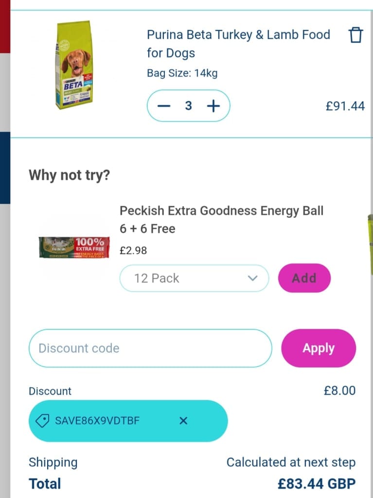 Screenshot of the Petwell discount code working