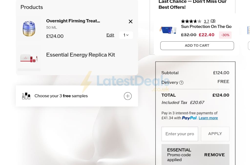 Screenshot of the Shiseido discount code working