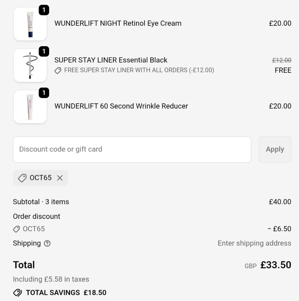 Screenshot of the Wunderbrow discount code working