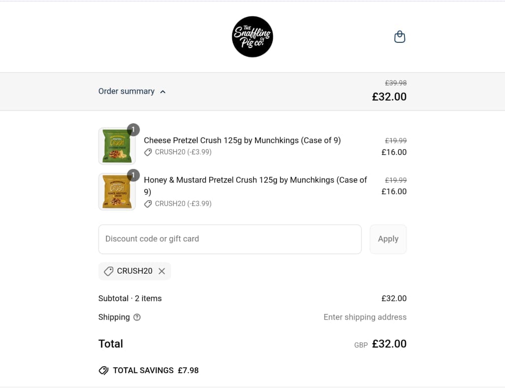 Screenshot of the The Snaffling Pig discount code working