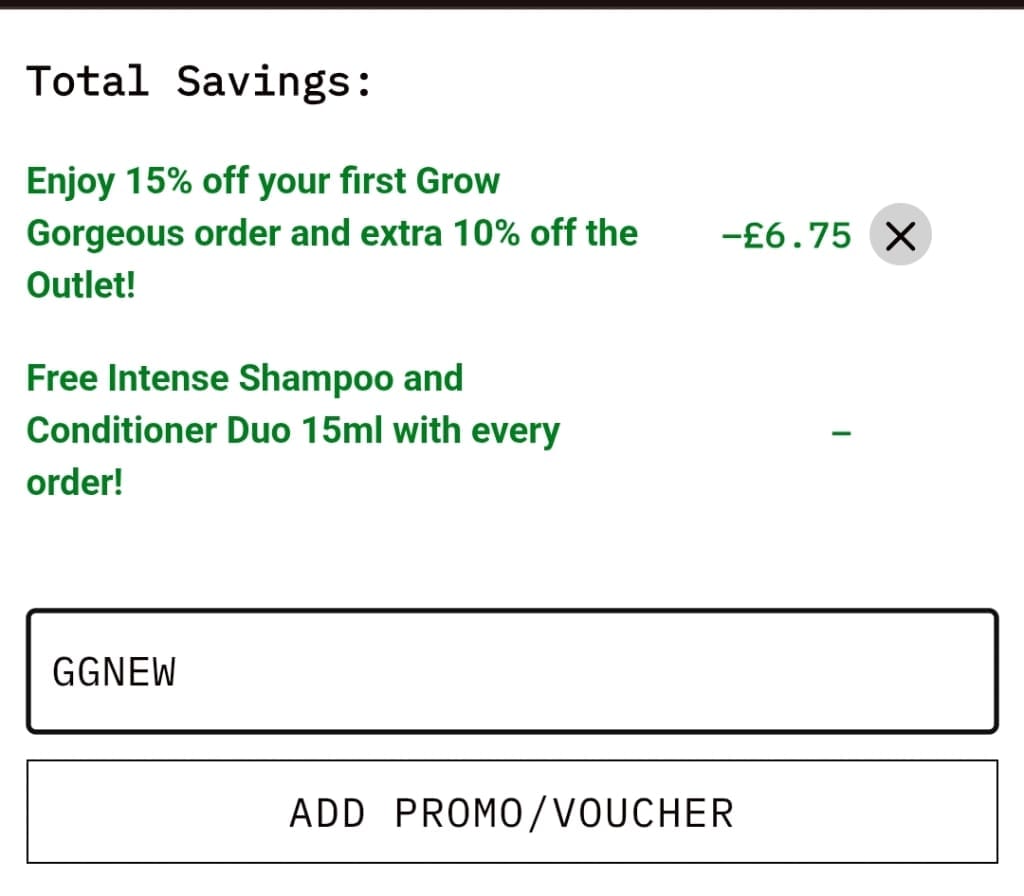 Screenshot of the Grow Gorgeous discount code working