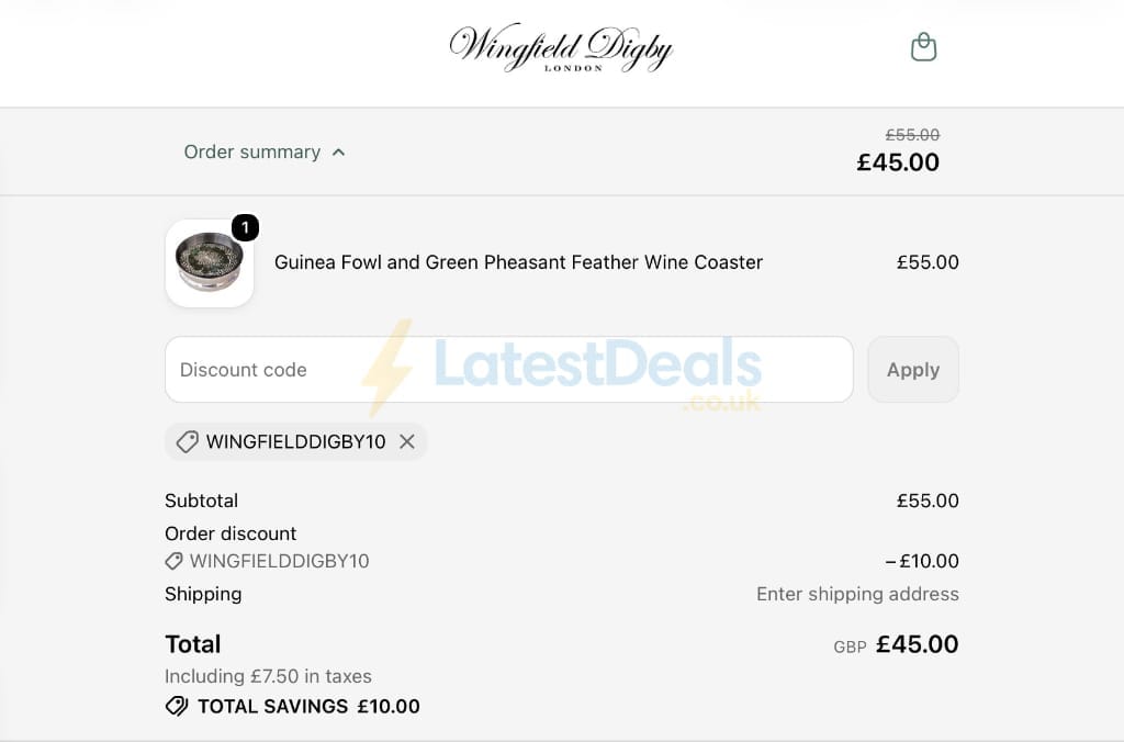 Screenshot of the Wingfield Digby discount code working