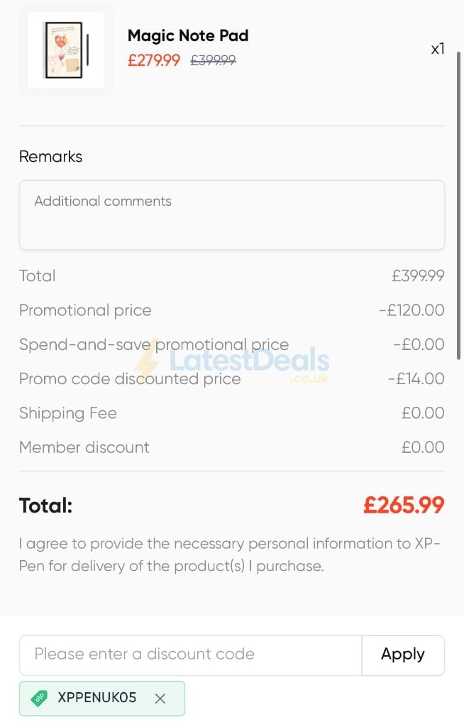 Screenshot of the XP-Pen discount code working