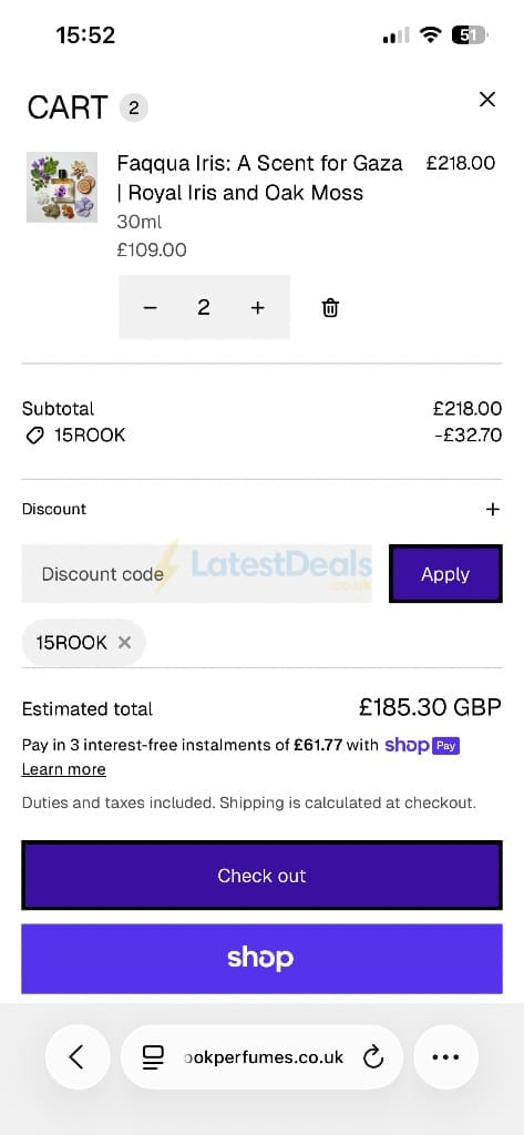 Screenshot of the Rook Perfumes London discount code working
