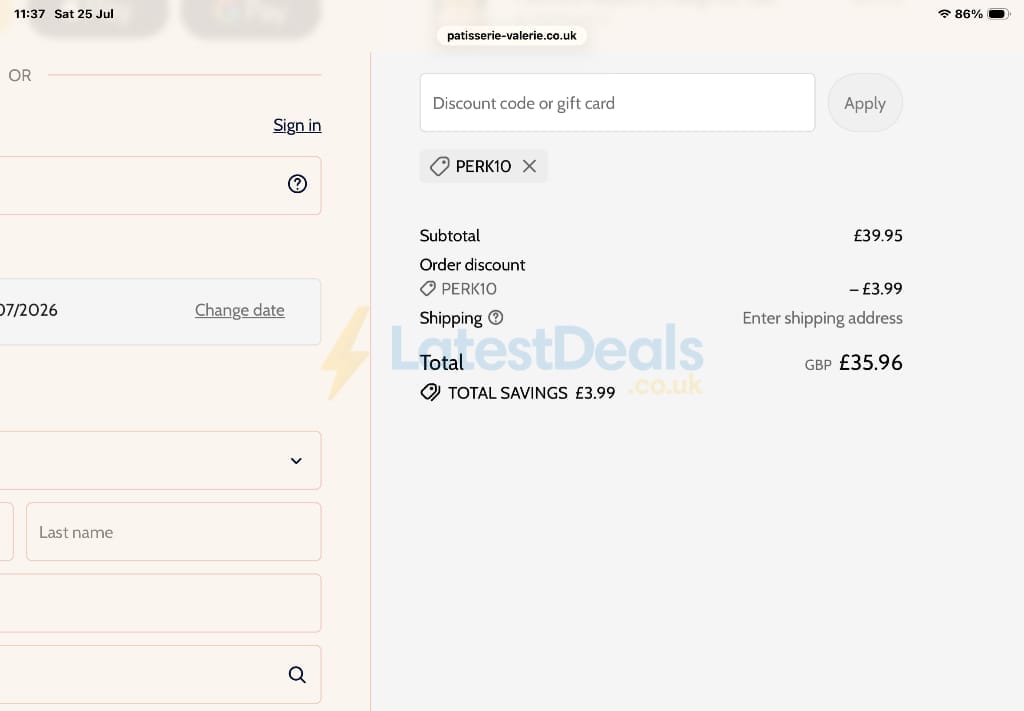 Screenshot of the Patisserie Valerie discount code working