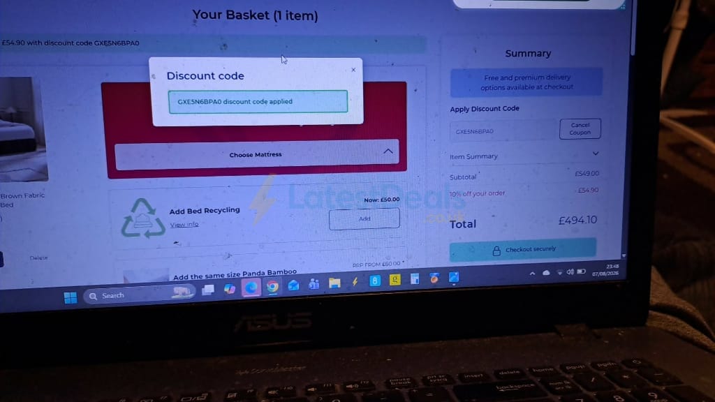 Screenshot of the Happy Beds discount code working