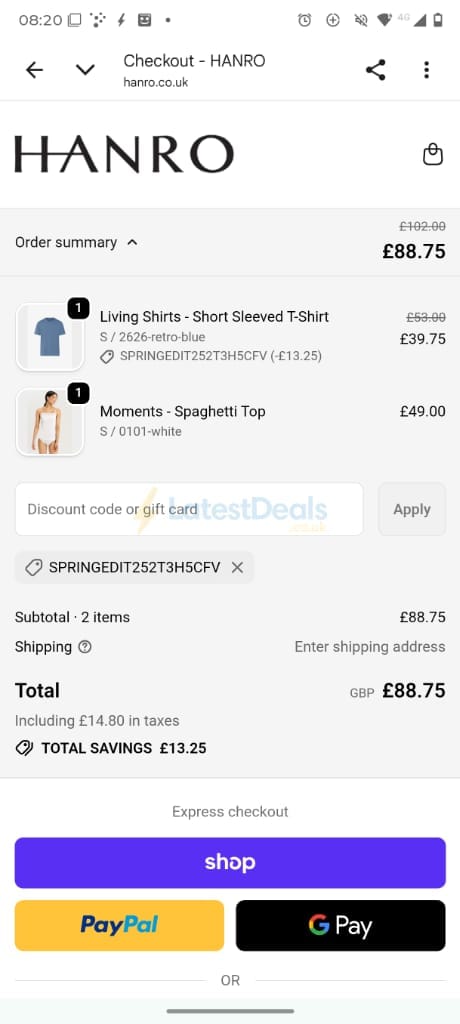 Screenshot of the Hanro discount code working