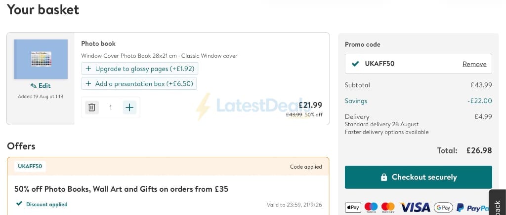 Screenshot of the Photobox discount code working