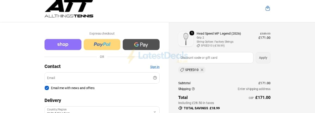 Screenshot of the All Things Tennis discount code working