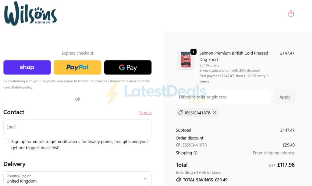 Screenshot of the Wilsons Pet Food discount code working